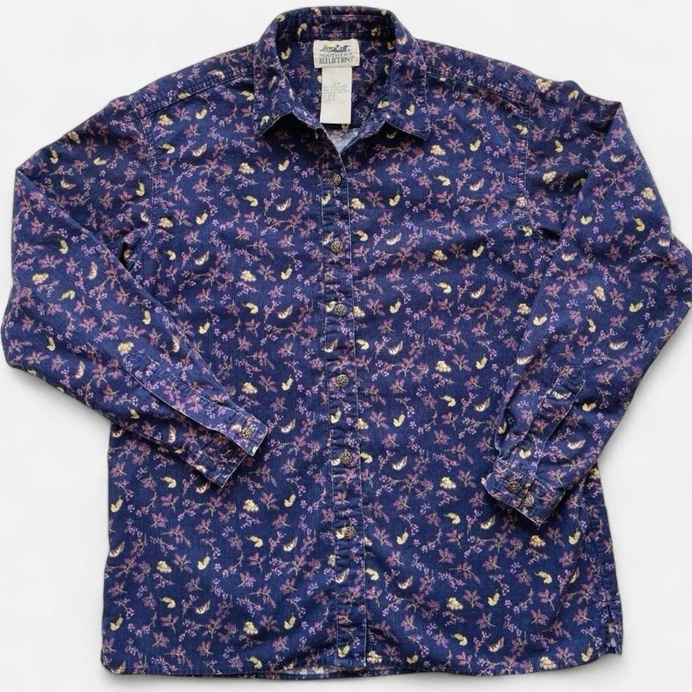 Northern Reflections Purple Flowers Corduroy Button Down Long Sleeve Shirt